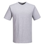 A grey work shirt designed for use on construction sites and in industrial work environments.,
