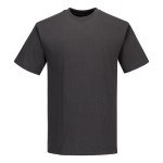 A grey work shirt designed for use on construction sites and in industrial work environments.,