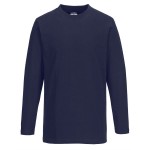 A navy blue work shirt designed for use on construction sites and in industrial work environments.,
