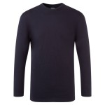 A navy blue work shirt designed for use on construction sites and in industrial work environments.,