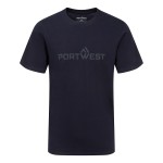 A navy blue work shirt designed for use on construction sites and in industrial work environments.,