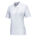 A women's white polo shirt designed for use on construction sites and in industrial work environments.,