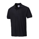 A black polo shirt designed for use on construction sites and in industrial work environments.,