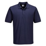 A navy blue polo shirt designed for use on construction sites and in industrial work environments.,