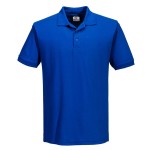A blue polo shirt designed for use on construction sites and in industrial work environments.,