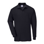 A black polo shirt designed for use on construction sites and in industrial work environments.,