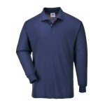 A navy blue polo shirt designed for use on construction sites and in industrial work environments.,