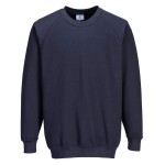 A navy blue work shirt designed for use on construction sites and in industrial work environments.,