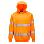 A high-visibility orange sweatshirt featuring retroreflective tape panels, suitable for a wide range of outdoor and site work applications.