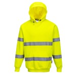 A high-visibility yellow sweatshirt featuring retroreflective tape panels, suitable for a wide range of outdoor and site work applications.