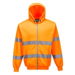 A high-visibility orange sweatshirt featuring retroreflective tape panels, a full-length zip front, suitable for a wide range of outdoor and site work applications.