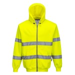 A high-visibility yellow sweatshirt featuring retroreflective tape panels, a full-length zip front, suitable for a wide range of outdoor and site work applications.