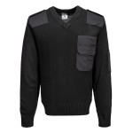 A black sweatshirt designed for use on construction sites and in industrial work environments.,