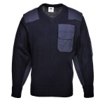 A navy blue sweatshirt designed for use on construction sites and in industrial work environments.,