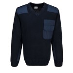 A navy blue sweatshirt designed for use on construction sites and in industrial work environments.,