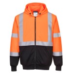 A high-visibility orange sweatshirt featuring retroreflective tape panels, a full-length zip front, suitable for a wide range of outdoor and site work applications.