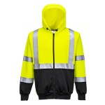 A high-visibility yellow sweatshirt featuring retroreflective tape panels, a full-length zip front, suitable for a wide range of outdoor and site work applications.