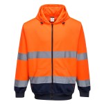 A high-visibility orange sweatshirt featuring retroreflective tape panels, a full-length zip front, suitable for a wide range of outdoor and site work applications.