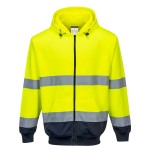 A high-visibility yellow sweatshirt featuring retroreflective tape panels, a full-length zip front, suitable for a wide range of outdoor and site work applications.