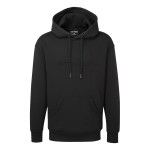 A black sweatshirt designed for use on construction sites and in industrial work environments.,