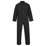 A black coverall featuring flame-resistant fabric, suitable for a wide range of outdoor and site work applications.