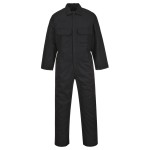 A black coverall featuring flame-resistant fabric, suitable for a wide range of outdoor and site work applications.