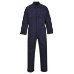 A navy blue coverall featuring flame-resistant fabric, suitable for a wide range of outdoor and site work applications.