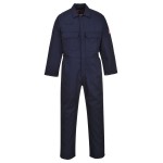 A navy blue coverall featuring flame-resistant fabric, suitable for a wide range of outdoor and site work applications.