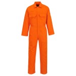 A orange coverall featuring flame-resistant fabric, suitable for a wide range of outdoor and site work applications.