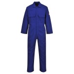 A blue coverall featuring flame-resistant fabric, suitable for a wide range of outdoor and site work applications.