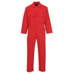 A red coverall featuring flame-resistant fabric, suitable for a wide range of outdoor and site work applications.