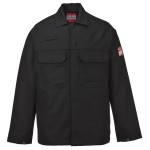 A black jacket featuring flame-resistant fabric, suitable for a wide range of outdoor and site work applications.