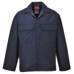 A navy blue jacket featuring flame-resistant fabric, suitable for a wide range of outdoor and site work applications.