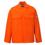 A orange jacket featuring flame-resistant fabric, suitable for a wide range of outdoor and site work applications.