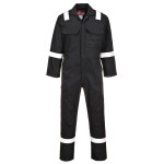 A black coverall featuring flame-resistant fabric, suitable for a wide range of outdoor and site work applications.