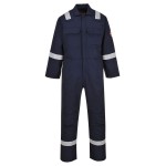 A navy blue coverall featuring flame-resistant fabric, suitable for a wide range of outdoor and site work applications.