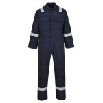A navy blue coverall featuring flame-resistant fabric, suitable for a wide range of outdoor and site work applications.