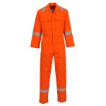 A orange coverall featuring flame-resistant fabric, suitable for a wide range of outdoor and site work applications.