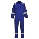 A blue coverall featuring flame-resistant fabric, suitable for a wide range of outdoor and site work applications.