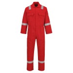 A red coverall featuring flame-resistant fabric, suitable for a wide range of outdoor and site work applications.