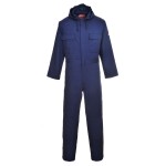 A navy blue coverall featuring flame-resistant fabric, suitable for a wide range of outdoor and site work applications.