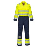 A high-visibility yellow coverall featuring retroreflective tape panels, flame-resistant fabric, suitable for a wide range of outdoor and site work applications.