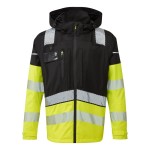 A high-visibility yellow waterproof jacket featuring retroreflective tape panels, suitable for a wide range of outdoor and site work applications.