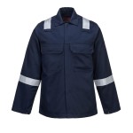 A navy blue jacket featuring flame-resistant fabric, suitable for a wide range of outdoor and site work applications.
