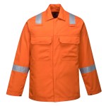 A orange jacket featuring flame-resistant fabric, suitable for a wide range of outdoor and site work applications.