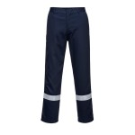 A pair of navy blue work trousers featuring flame-resistant fabric, suitable for a wide range of outdoor and site work applications.