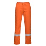 A pair of orange work trousers featuring flame-resistant fabric, suitable for a wide range of outdoor and site work applications.