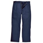 A pair of navy blue work trousers featuring flame-resistant fabric, suitable for a wide range of outdoor and site work applications.