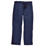 A pair of navy blue work trousers featuring flame-resistant fabric, suitable for a wide range of outdoor and site work applications.