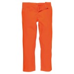 A pair of orange work trousers featuring flame-resistant fabric, suitable for a wide range of outdoor and site work applications.